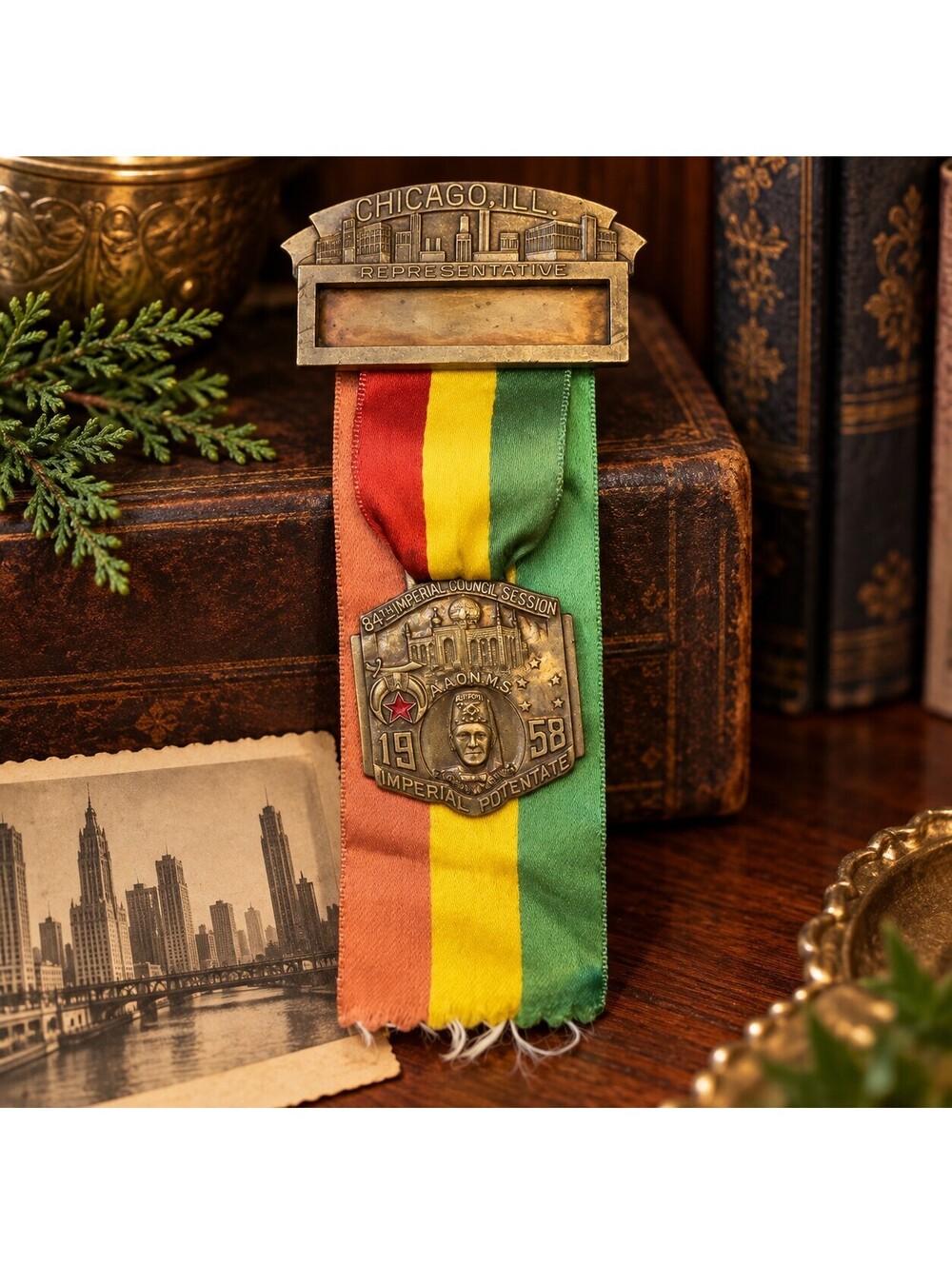 Vintage Shriners 1958 Chicago AAONMS 84th Imperial Potentate Ribbon Badge